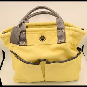 Levenger Purse Bloomsbury Book Bag Canvas Tote Tan Brown Leather Handles Trim